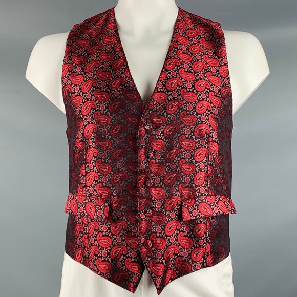 CHARVET Size L Burgundy Black Jacquard Silk Buttoned Vest